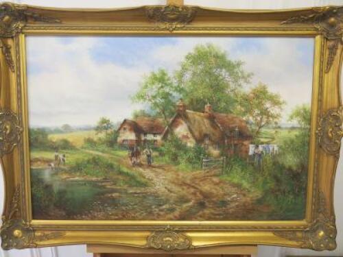 Gilt Gold Framed Oil Canvas Print of Countryside Scene. Size 60 x 87cm