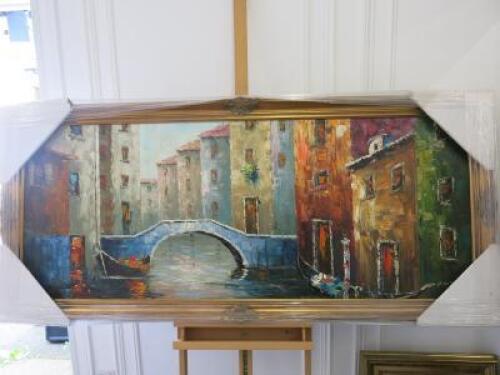 Gilt Gold Framed Oil Canvas Print of Venice Scene. Size 75 x 168cm