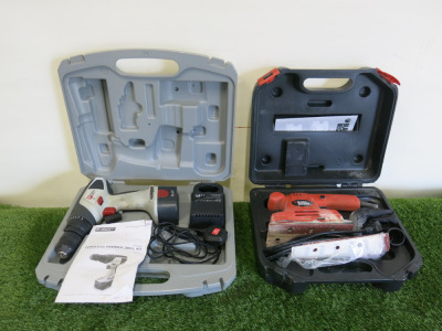 2 x Power Tools to Include: 1 x Performance Power Cordless Hammer Drill Kit with Drill, 14.4v Battery & Charger & 1 x Black Decker Sander in Carry Cases.