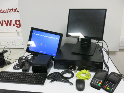 EPOS System to Include, 2 x Terminals (Aures Yuno-Base 151-Black II & Oxhoo J455SBL), Aures Reciept Printer, Model ODP333, Cash Draw with Key, Dell Wireless Keyboard & Mouse, Honeywell Barcode Scanner & Associated Leads (As Viewed). NOTE: Buyers will be r