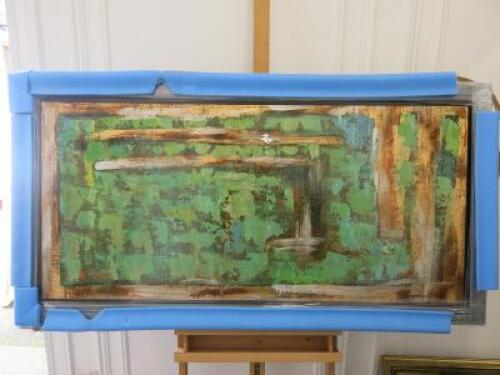 Grey Box Framed Varnished Oil on Canvas Print, Green and Gold Abstract Artwork. S.Marcus. Size 68 x 130cm