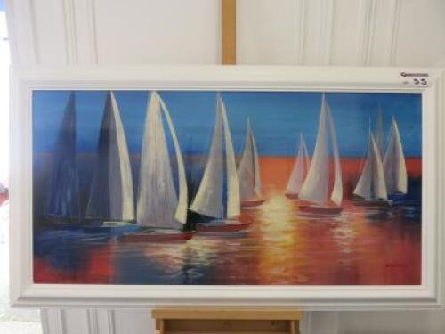 White Wood Framed Varnished Oil on Canvas Print, Sailing Boats at Sunset. Size 77 x 137cm