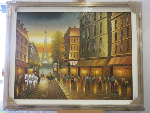 Gold Framed Oil Canvas Print of Paris with Street Scene with Eiffel Tower. Size 114 x 145cm