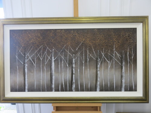 Gold Framed Oil Canvas Print of Forest Scene. K.Hillman. Size 84 x 143cm