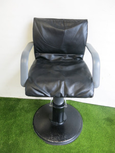 Takara Belmont Pump Action Styling Chair, Upholstered in Black Faux Leather with Heavy Metal Base.