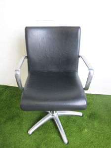 REM Hydraulic Salon Styling Chair Upholstered in Black Faux Leather with 5 Spoke Chrome Base.