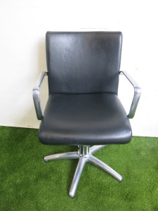 REM Hydraulic Salon Styling Chair Upholstered in Black Faux Leather with 5 Spoke Chrome Base.