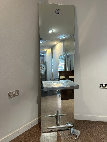 MG Bross Design Salon Styling Mirror with Shelf & Foot Rest in Polished Aluminium. Size H200 x W56 x D29cm. Comes with Wall Mounted Polished Aluminium Hair Dryer Holder.