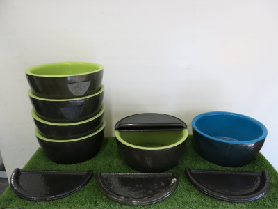 6 x Noel Asmar Resin Pedicure Bowls to Include: 5 x Green & 1 x Blue with 8 Foot Rests. Comes with 2 x Boxes of Swiss File Sterile Abrasives.