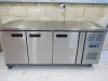 Polar Stainless Steel Triple Door Counter Fridge, Model G597, S/N 6162831. Size H85 x W180 x D70cm.