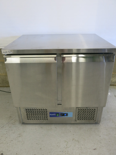 Prodis Stainless Steel Double Door Counter Fridge, Model EC-2SS, S/N 190401325. Size H88 x W90 X70cm.