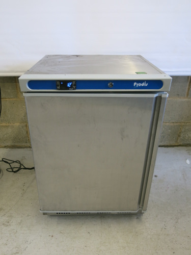 Prodis Stainless Steel Single Door Under Counter Fridge, Model HC200RSS, S/N 9012320. Size H86 x W60 x D60cm.