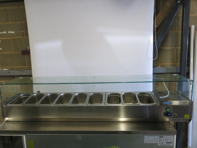 Polar G Series Countertop Prep Fridge, Model GD878, S/N 23024555. Comes with 9 x GN Containers. Size H43 x W199 x D39cm.