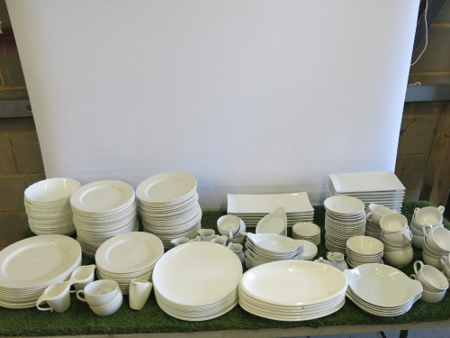 Approx 250 x White Branded Crockery by Churchill, Pyronex, Royal Gen Ware & Dudson to Include: Plates, Bowls, Serving Dishes, Tea, Milk Jugs, Coffee Cups & Saucers (As Viewed/Pictured).