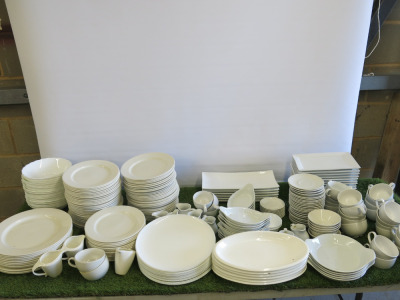 Approx 250 x White Branded Crockery by Churchill, Pyronex, Royal Gen Ware & Dudson to Include: Plates, Bowls, Serving Dishes, Tea, Milk Jugs, Coffee Cups & Saucers (As Viewed/Pictured).
