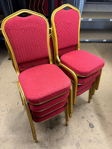 93 x Stacking Banquet Chairs Upholstered in Red with Gold Metal Frame.