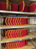 93 x Stacking Banquet Chairs Upholstered in Red with Gold Metal Frame. - 2