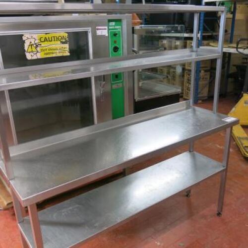 Stainless Steel Serving Table with Shelf Under and Two Shelf Stainless Gantry Over. Size (H)154 cm x (D)45cm x (W)150cm