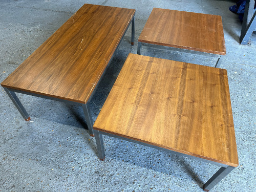 3 x Assorted Wooden Topped Coffee/Side Tables with 2 x H33 x W56 x D56cm & 1 x H33 x W46 x D108cm.