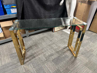 Glass Console Table with Gold Coloured Metal Frame, Size H80 x W120 x D40cm.