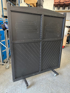 Black Wooden Mobile Divider/Privacy Screen Panel. Size H193 x W157cm. NOTE: 1 x wheel requires repair or replace.