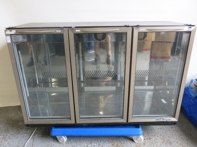 Williams 3 Door Back Bar Drinks Refrigerator, Model BC3WBS, Appears to Work, but condition is unknown, being sold for Spares/Repair/Scrap