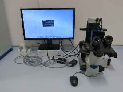 Olympus CKX53 SFO Optical Microscope , S/N 2E49429 with Olympus EP50 Camera For Live Cell Observations with Acer 24" Monitor Display & Mouse and Cover.