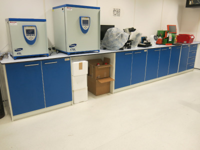 Contents of Laboratory with Interfocus MyNewLab Cupboards & Worktop to Include: 560cm Run of Workbench with 4 x 2 Door & 1 x 4 Draw with 5 x Power Sockets, 345cm Run of Workbench with 2 x 2 Door & 1 x 4 Draw with 2 x Power Sockets & 3 x Assorted Tables. N