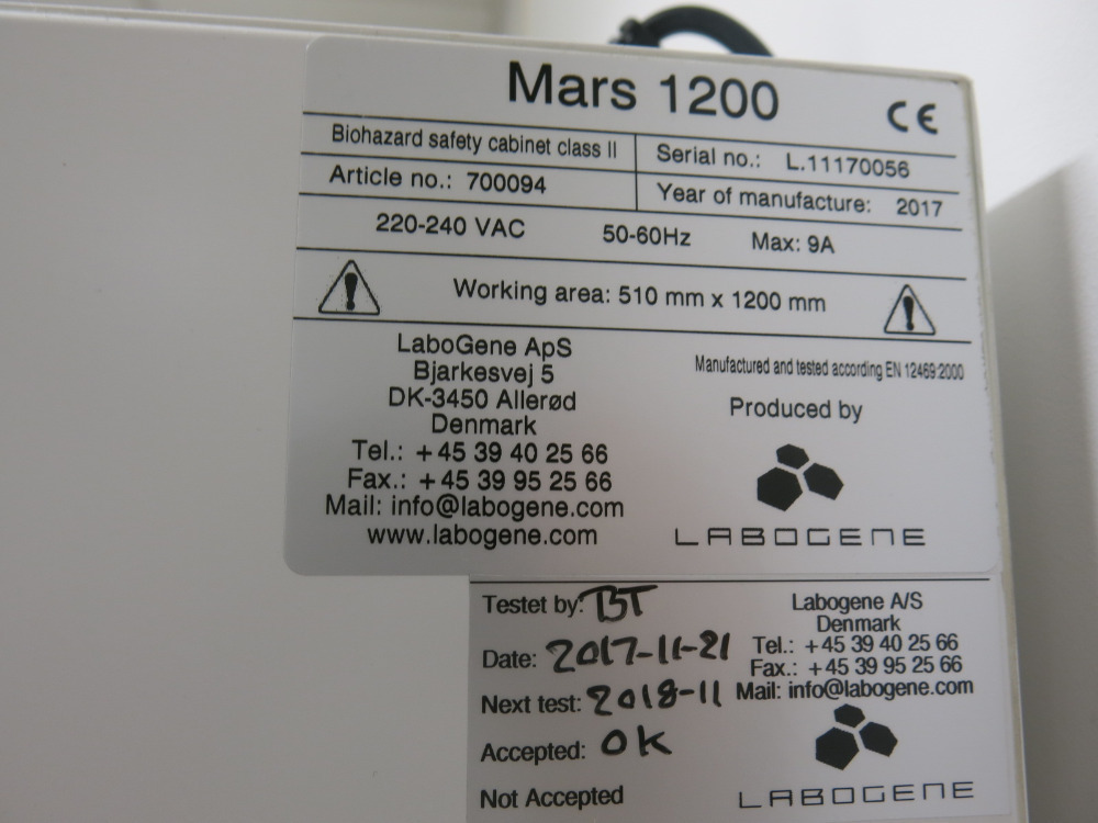 Labogene Scanlaf Mars 1200 Biohazard Safety Cabinet Class II, S/N L ...
