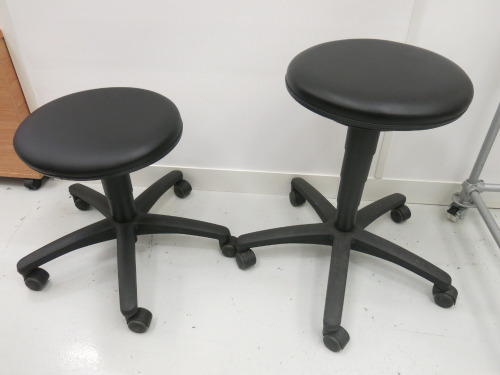 2 x Artikel Black Faux Leather Laboratory Height Adjustable Stools, Model 9468H.