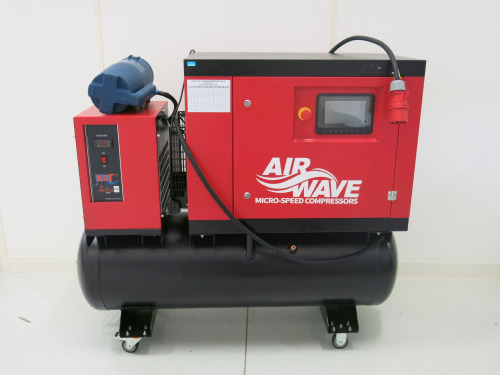 Air Wave Micro Speed Compressor on Wheels, Model XLPM7.5ATD, S/N LGFB202211-5407, 3 Phase, DOM 11/2022. Comes with Refrigerated Air Dryer, Model TR-5HP.