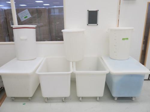 Qty of Plastic Hoppers & Bins to Include: 4 x 150 Litre Mobile Plastic Hoppers with 2 Lids & 3 x Plastic Bins with 3 Lids.