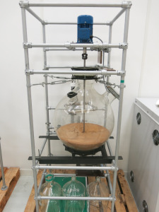 Bespoke Made 100 Litre Quick Fit Visible Flow Glass Reactor Vessel with MarelliMotori Stirrer on Tubular Frame.