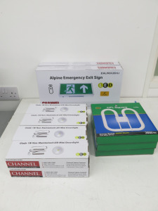 13 x Assorted Lighting to Include: 2 x Alpine Emergency Exit Signs, 3 x CFL Square Compact Fluorescent Lights & 8 x Channel Glade 1w Non Maintained LED Mini Downlight.