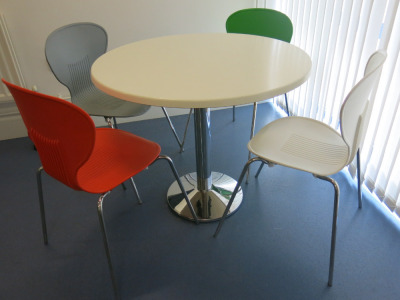 90cm Diameter Canteeen Table on Chrome Pedestal and 4 Frovi Coloured Chairs (Green, White, Grey, Orange).