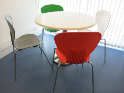 90cm Diameter Canteeen Table on Chrome Pedestal and 4 Frovi Coloured Chairs (Green, White, Grey, Orange).