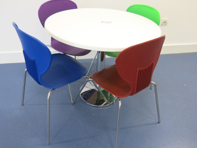 90cm Diameter Canteeen Table on Chrome Pedestal and 4 Frovi Coloured Chairs (Blue, Green, Red, Purple).