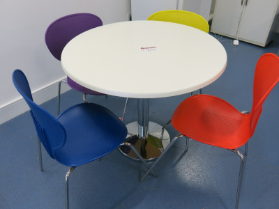 90cm Diameter Canteeen Table on Chrome Pedestal and 4 Frovi Coloured Chairs (Blue, Orange, Yellow, Purple).