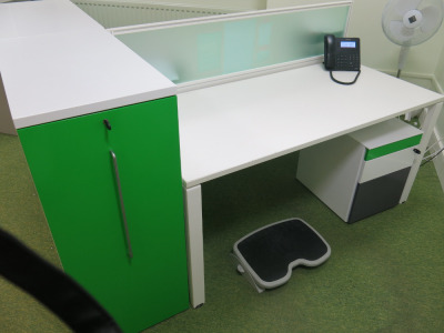 Karbon K1 Office Furniture to Include: Double Desk Workstations 160 x 80cm with Green Perspex Divider, 2 x Multi Coloured 3 Draw Pedestals, 2 x Lateral Pull Out 3 Shelf Filing Cabinets H111 x W46 x D80cm & 2 x Kensington Under Desk Foot Rests.