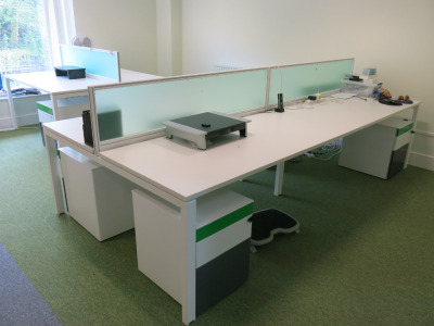 Karbon K1 Office Furniture to Include: Quad Desk & Double Desk Workstations 320 x 80cm & 160 x 80cm with 3 x Green Perspex Dividers, 6 x Multi Coloured 3 Draw Pedestals, Metal 2 Door Cabinet H111 x W100 x D45cm & 2 x Kensington Under Desk Foot Rests.