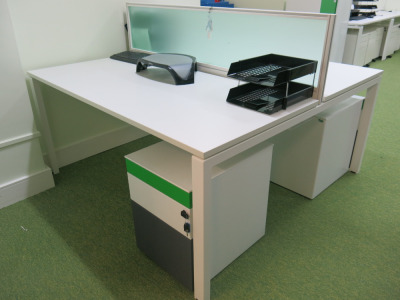 Karbon K1 Office Furniture to Include: Quad Desk & Double Desk Workstations 240 x 80cm & 160 x 80cm with 3 x Green Perspex Dividers, 4 x Multi Coloured 3 Draw Pedestals, Metal 2 Door Cabinet H111 x W100 x D45cm & 2 x Kensington Under Desk Foot Rests.