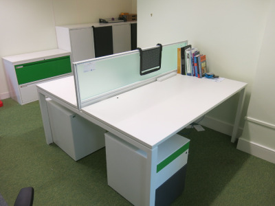 Karbon K1 Office Furniture to Include: Double Desk Workstations 160 x 80cm with 1 x Green Perspex Dividers, 2 x Multi Coloured 3 Draw Pedestals, 2 x Metal 2 Door Cabinet H111 x W100 x D45cm & 1 x 2 Drawer Metal Cabinet with Wooden Top H70 x W100 x D45.