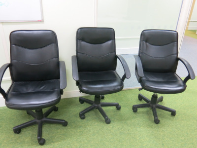 3 x Black Faux Leather Office Swivel Chairs.