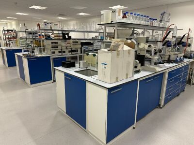 Contents of Laboratory with Interfocus MyNewLab Cupboards & Worktop to Include: 3 x Sections of Workbench with 2 Tier Shelf & Power Sockets, 3 x Fitted Sink & Cabinets to Ends with Glass Dividers, 9 x Assorted Mobile Cabinets & Draw Units, Stainless Steel