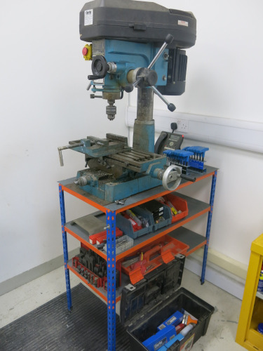 Clarke Metalworking Milling Drilling Machine, Model CMD1225, S/N 038625. Comes with 3 Tier Rack, Clamp & Tooling (As Viewed).