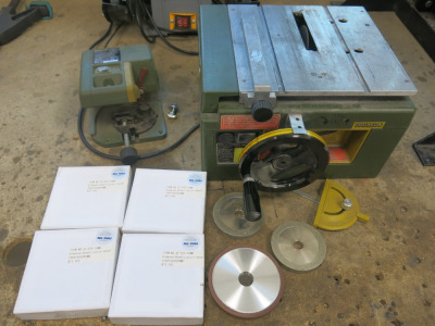 2 x Proxxon Grinder to Include: Proxxon KG 50 Cut Off Saw & Proxxon FKS/E Table Saw with 7 x New/Unused Diamond Wheels.