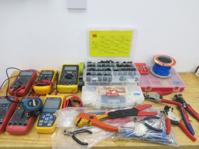 Assortment of Electrical Testing Equipment, Tools & Consumables to Include: 3 x UT60 Testers, Clarke CDM 45 Multimeter, Maplin N58FU & YCT Thermometer, 7 x Assorted Handtools/Cutters & 3 x Boxes of Consumables (As Viewed).