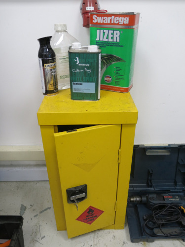 Flammable Cabinet with Key. Size H70 x W35 x D30cm. NOTE: Includes Contents (As Pictured).