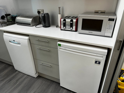 Contents of Canteen to Include: Bosch Larder Fridge & Bosch Serie 2 Dishwasher Panasonic NN-E28JMM Microwave Russell Hobbs 4 Slice Toaster Brabantia Bread Bin, Breville Kettle & Contents of Kitchen Cabinets with Crockery & Cutlery.