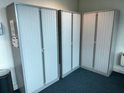 5 x Bisley Grey Metal 2 Door Tambour Cabinets. Size H197 x W100 x D45cm.